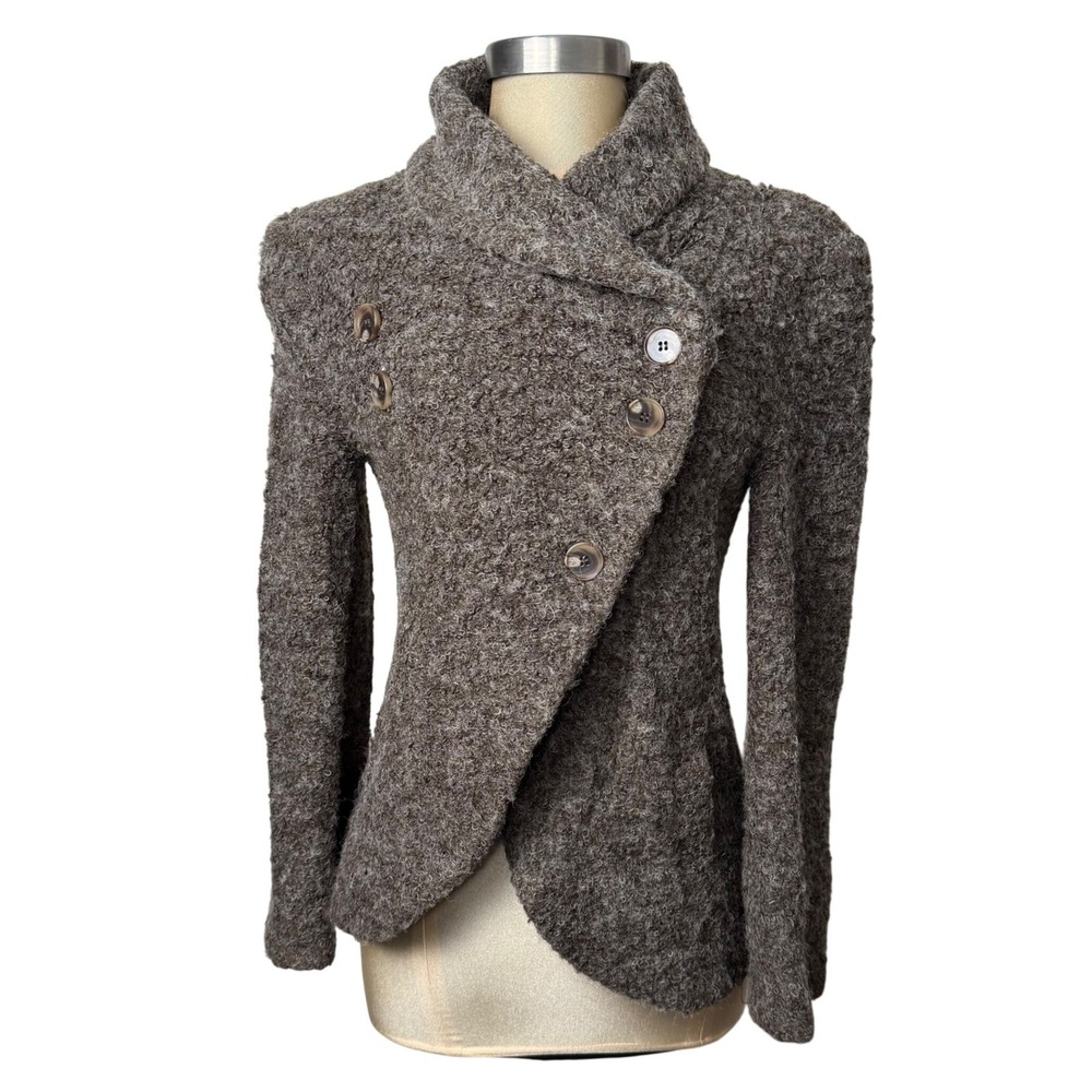 French Mauve Brown Boucle Wool Blend Asymmetric Jacket XS Minimalist Chic